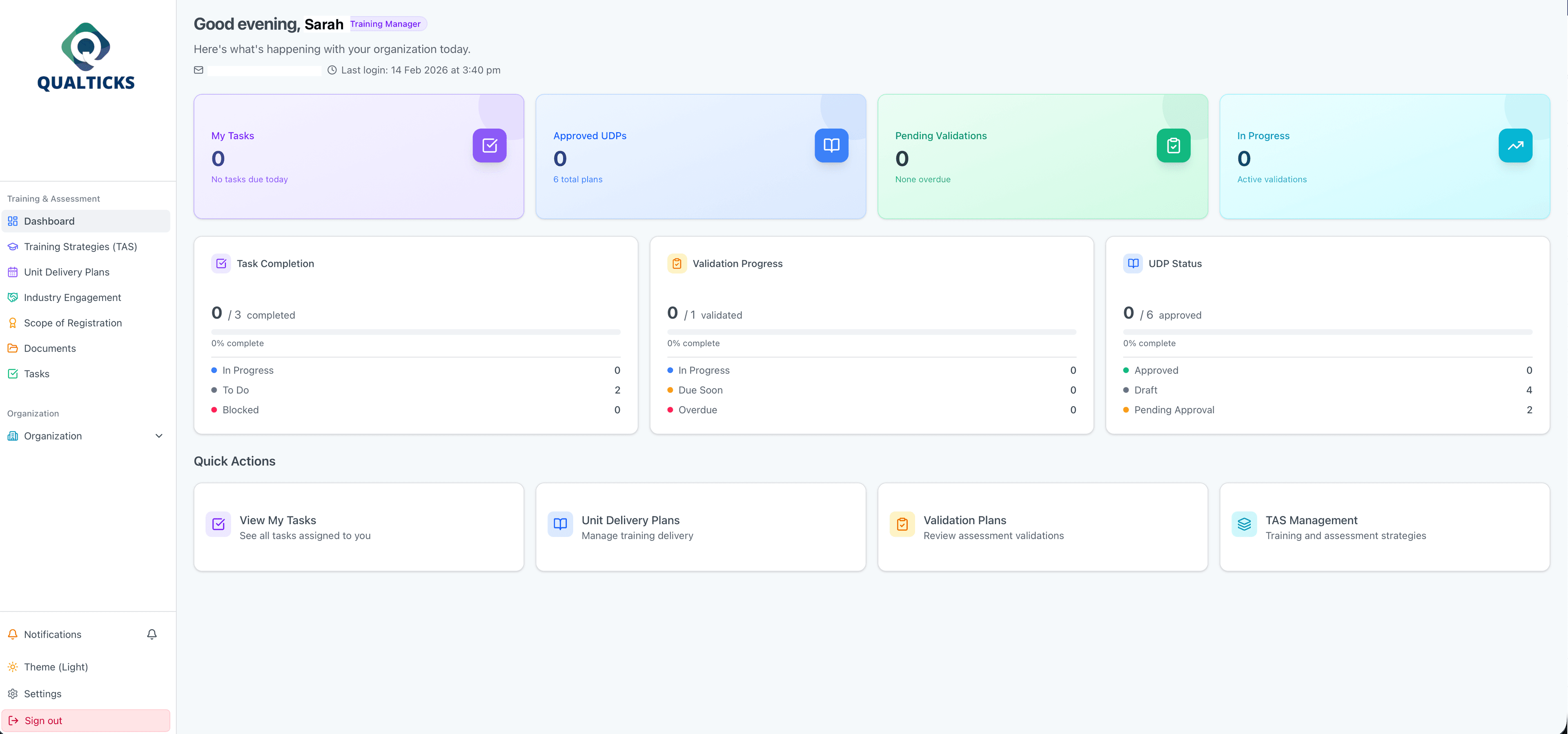 QUALTICKS Dashboard - Compliance management interface showing validation overview, upcoming tasks, and compliance status
